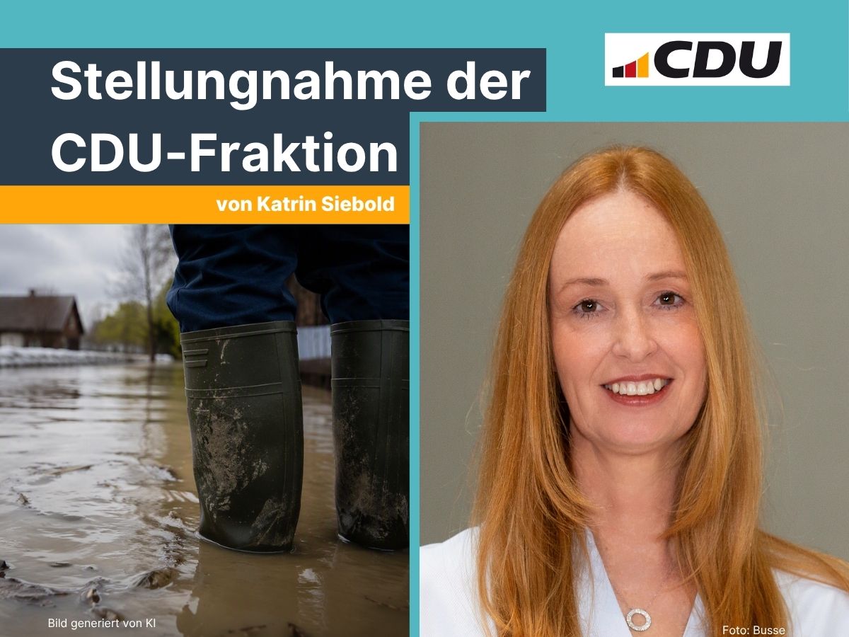 Stellungnahme von Katrin Siebold zum Starkregen und Hochwasserschutz. Motivfoto mit Gummistifeln im Hochwasser | Foto: KI-Generiert / Portrait: Matthias Busse